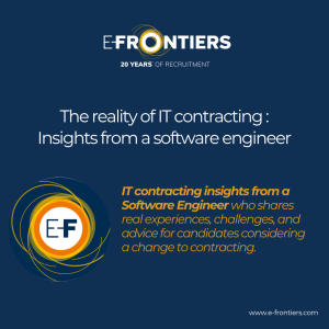 Promotional poster for EFFrontiers: blue background, EF logo, headline about IT contracting, and site www.e-frontiers.com.